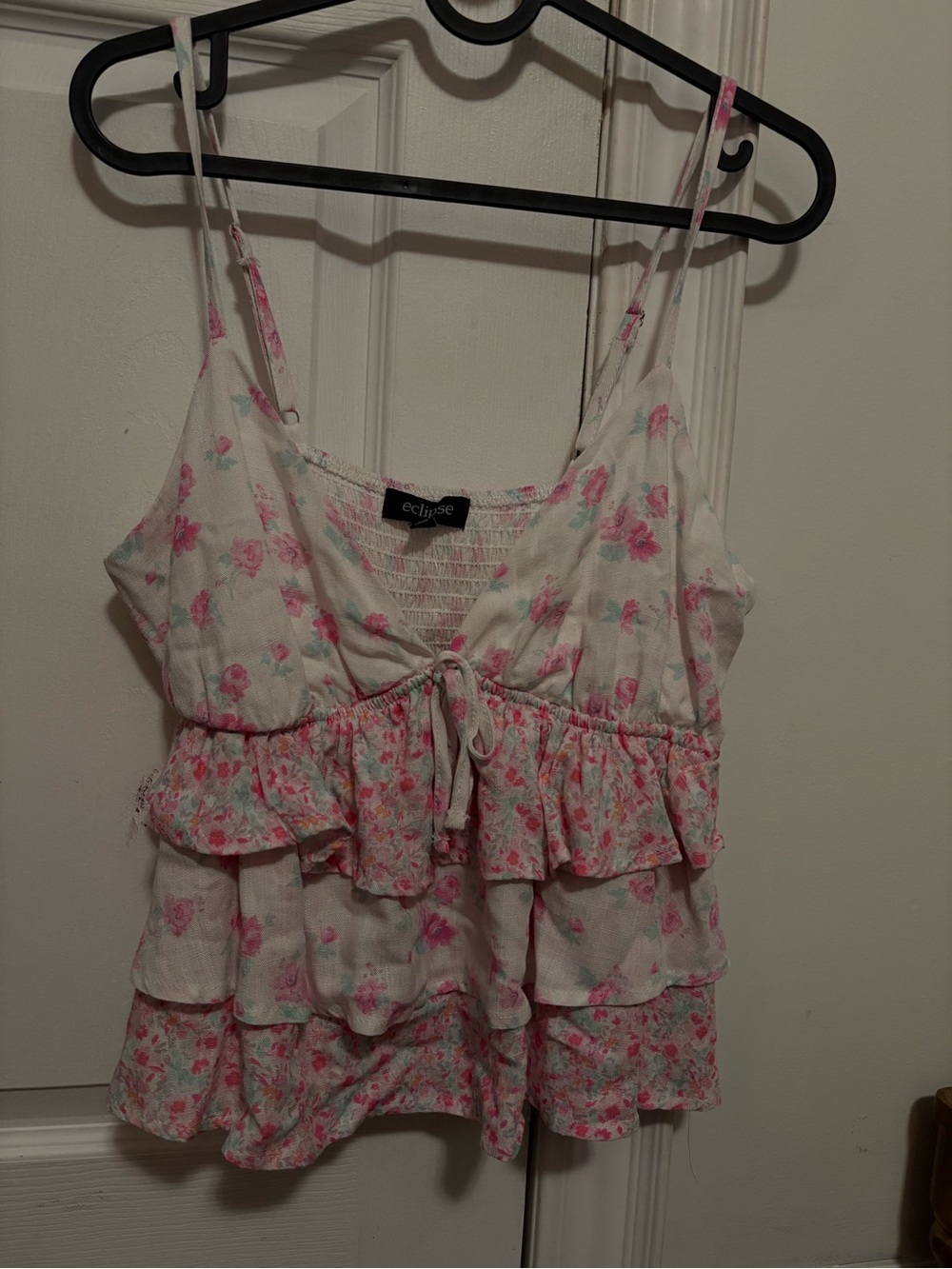 Eclipse White and Pink Floral Tiered Ruffle Camisole